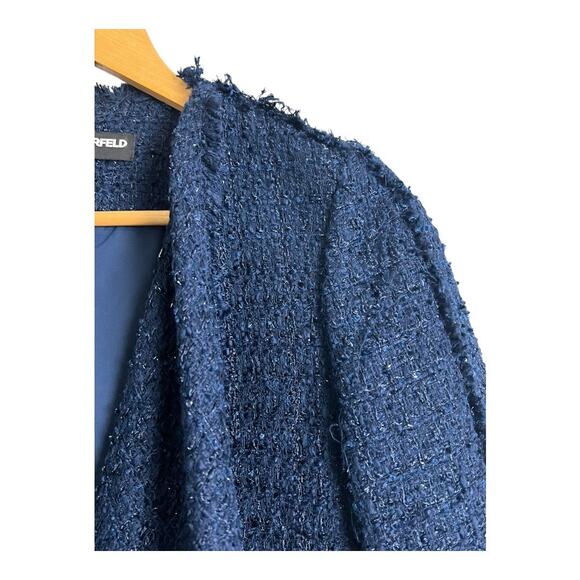 Karl Lagerfeld Paris Tweed Open Front Blazer Navy Women's S Work Office Preppy - Picture 2 of 8